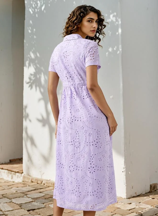 2Xtremz 2Xtremz Schiffli Textured Shirt Dress with Collar and Short Sleeves