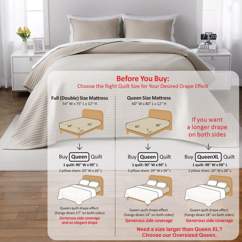 DAWNDIOR Max Oversized California King Quilt Set â€“ 112"x106"Soft Washed Lightweight Bedspread,Multi-Lock Quilting,Minimalist Nordic Bedding, Spring & Summer Quilt Set (1 Quilt + 2 Pillow Shams), Oatmeal - Image 3