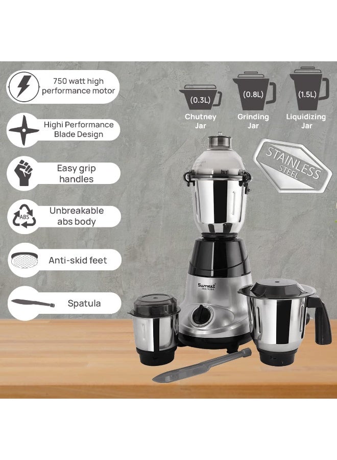 Sumeet Sumeet 750W Mixer Grinder with 3 Stainless Steel Jars, Heavy-Duty Motor, and Overload Protection – Ideal for Dry & Wet Grinding  - Image 1