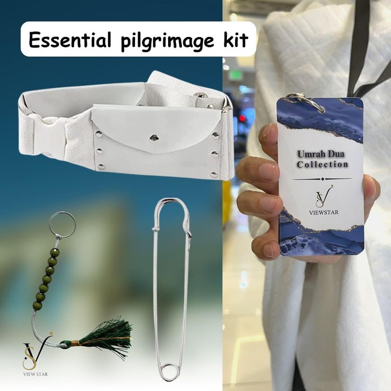 Hajj Umrah Ihram Set for Men 5 Pcs Cotton White Ihram Towels with Built-in Belt Bag, Carry Bag, Dua Card, Tawaf Counter Tasbeeh Pins - Image 2