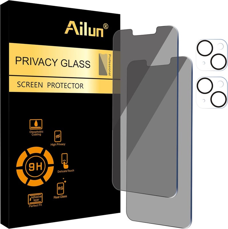 Ailun 2 Pack Privacy Screen Protector for iPhone 14[6.1 inch] + 2 Pack Camera Lens Protector, Anti Spy Private Tempered Glass Film, Case Friendly, [9H Hardness] - HD [Black] - Image 1