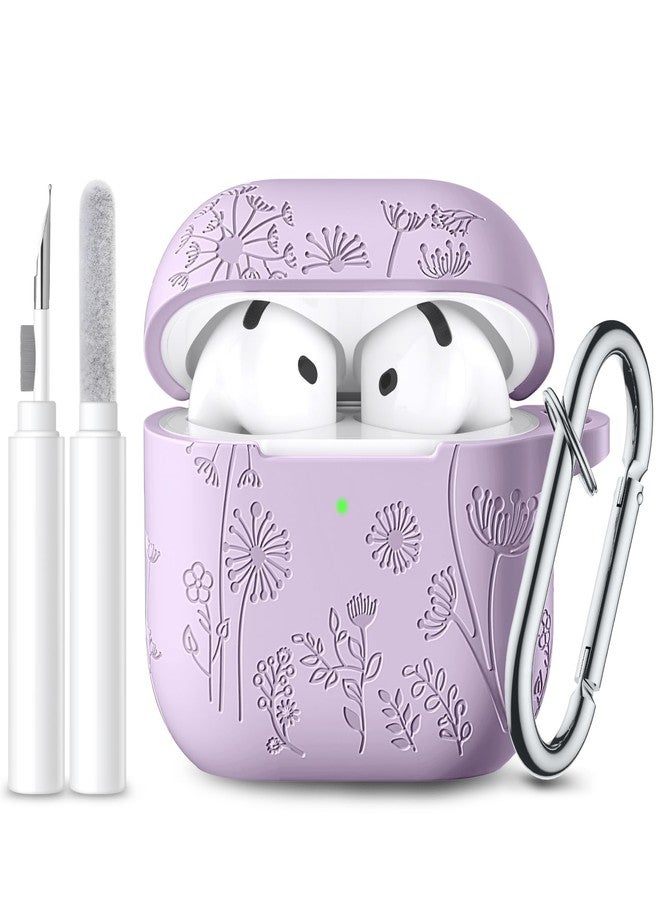 Lerobo for Airpods 4 Case Cover with Cleaner Kit, Cute Flower Engraved Silicone Protective Case Cover with Keychain for Women and Girls Compatible with Apple Airpods 4 Case 2024, Lavender - Image 1