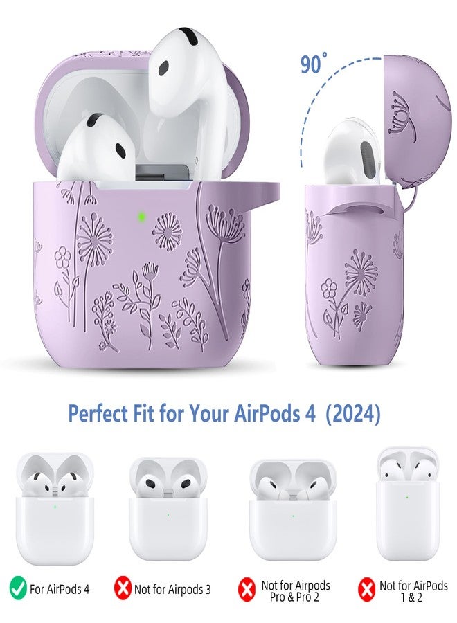 Lerobo for Airpods 4 Case Cover with Cleaner Kit, Cute Flower Engraved Silicone Protective Case Cover with Keychain for Women and Girls Compatible with Apple Airpods 4 Case 2024, Lavender - Image 4
