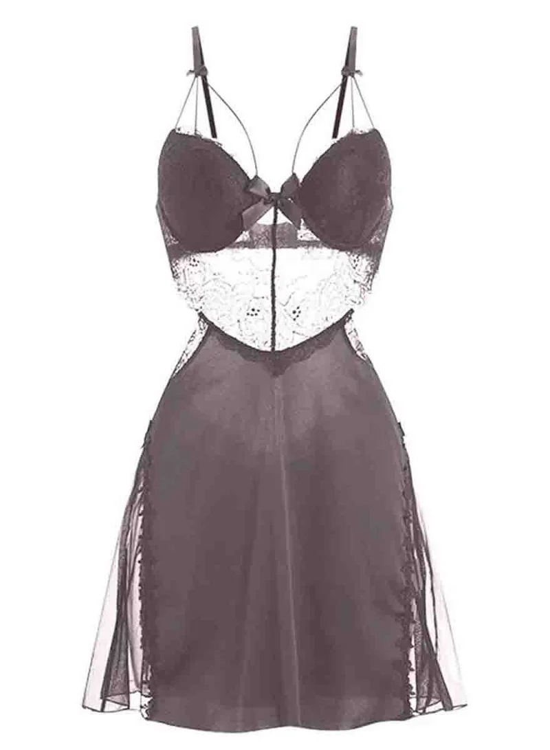 كابريشوس طقم قميص نوم نسائي حريري ساتان بظهر مكشوف ورقبة على شكل  دانتيل أنيق للنوم المريح والفخم