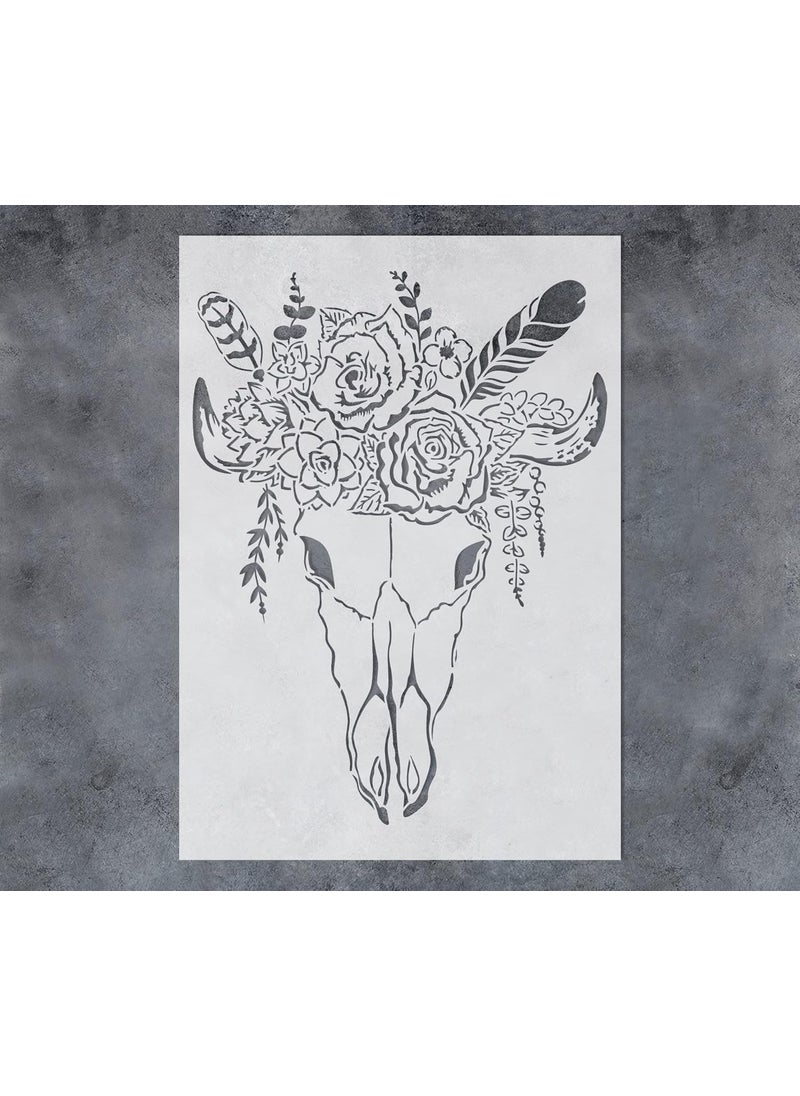 G GSS Designs GSS Designs Floral Goat Skull Stencils 12x16Inch Reusable Feather Goat Stencils for Painting on Walls Wood Furniture Crafts Farmhouse Goat Stencils  - Image 1