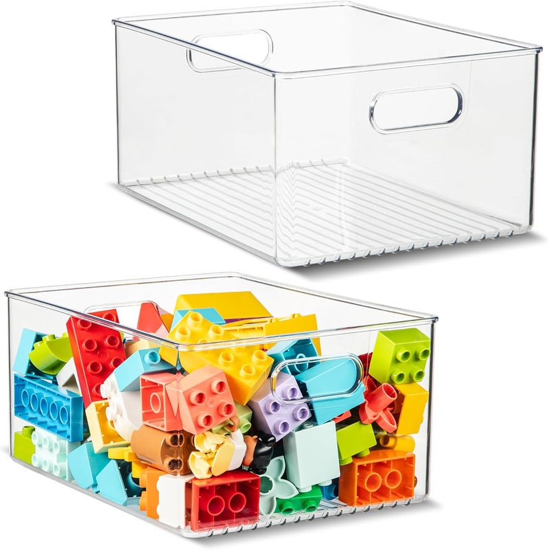 PrimeBox Plastic Food Storage 2 Pack Clear Container Bin with Handles for Organizing Kitchen, Pantry, Refrigerator, Freezer, Pantry, Cabinet, Closet, Bathroom 10”x8”x5” - Image 1