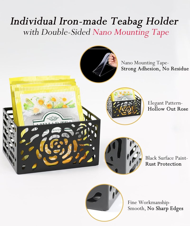 LULLATTI Tea Bag Organizer | Sugar Packet Organizer with Nano Mounting Tape, Elegant Hollow Rose Pattern Iron Tea Box, Holders for Sugar Packet, Drink Packet or Tea Bags (6 Pcs) - Image 4