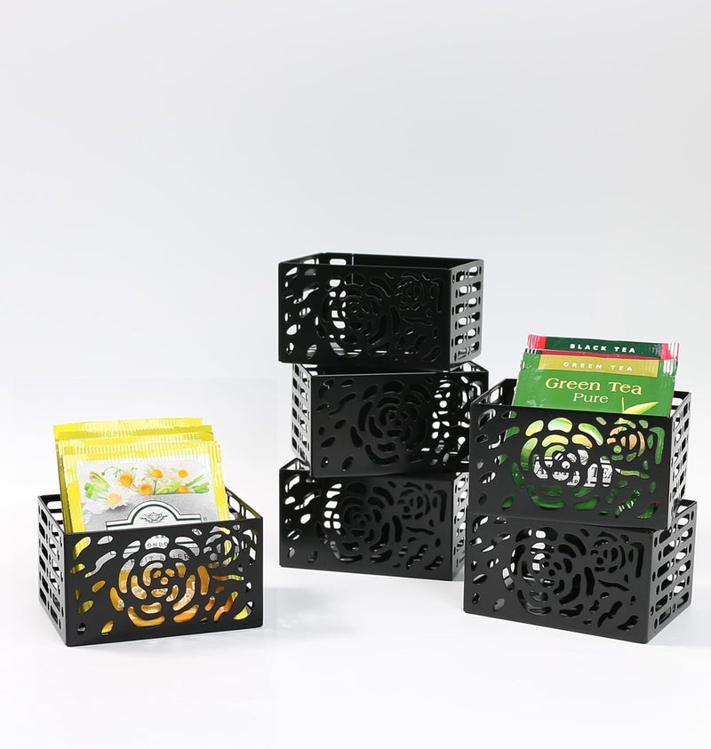 LULLATTI Tea Bag Organizer | Sugar Packet Organizer with Nano Mounting Tape, Elegant Hollow Rose Pattern Iron Tea Box, Holders for Sugar Packet, Drink Packet or Tea Bags (6 Pcs) - Image 1