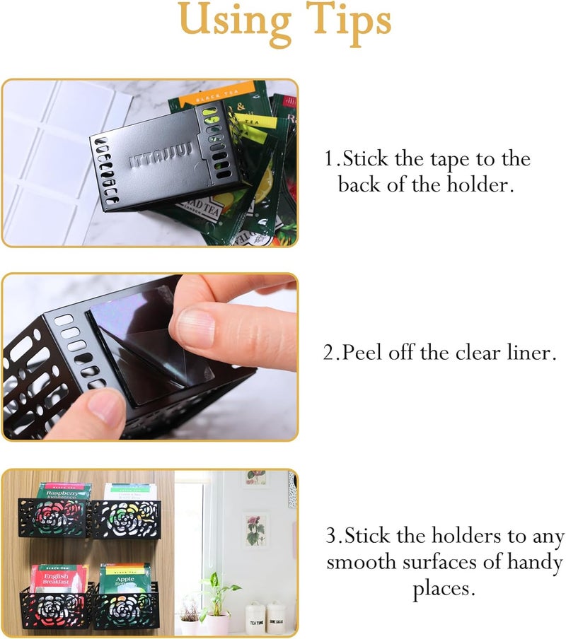 LULLATTI Tea Bag Organizer | Sugar Packet Organizer with Nano Mounting Tape, Elegant Hollow Rose Pattern Iron Tea Box, Holders for Sugar Packet, Drink Packet or Tea Bags (6 Pcs) - Image 3