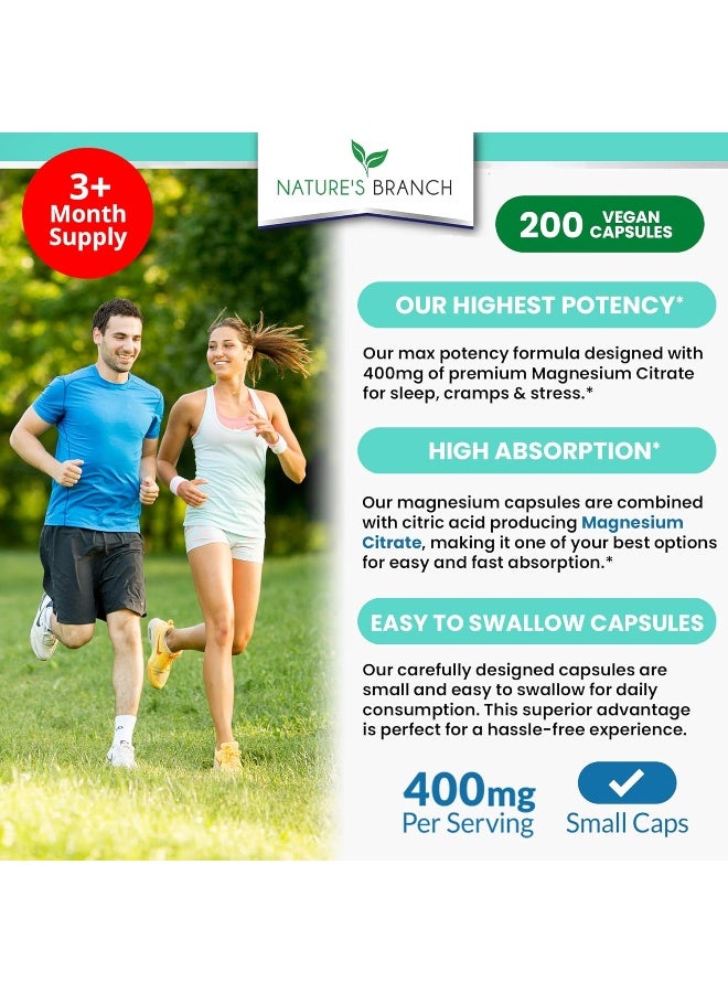 Nature's Branch Magnesium Citrate 400mg - 200 Capsules - High Potency for Sleep, Leg Cramps, Extra Strength Absorption, Easy to Swallow Pills for Women & Men, Vegan Supplement Not Tablets - Made in USA - Image 2