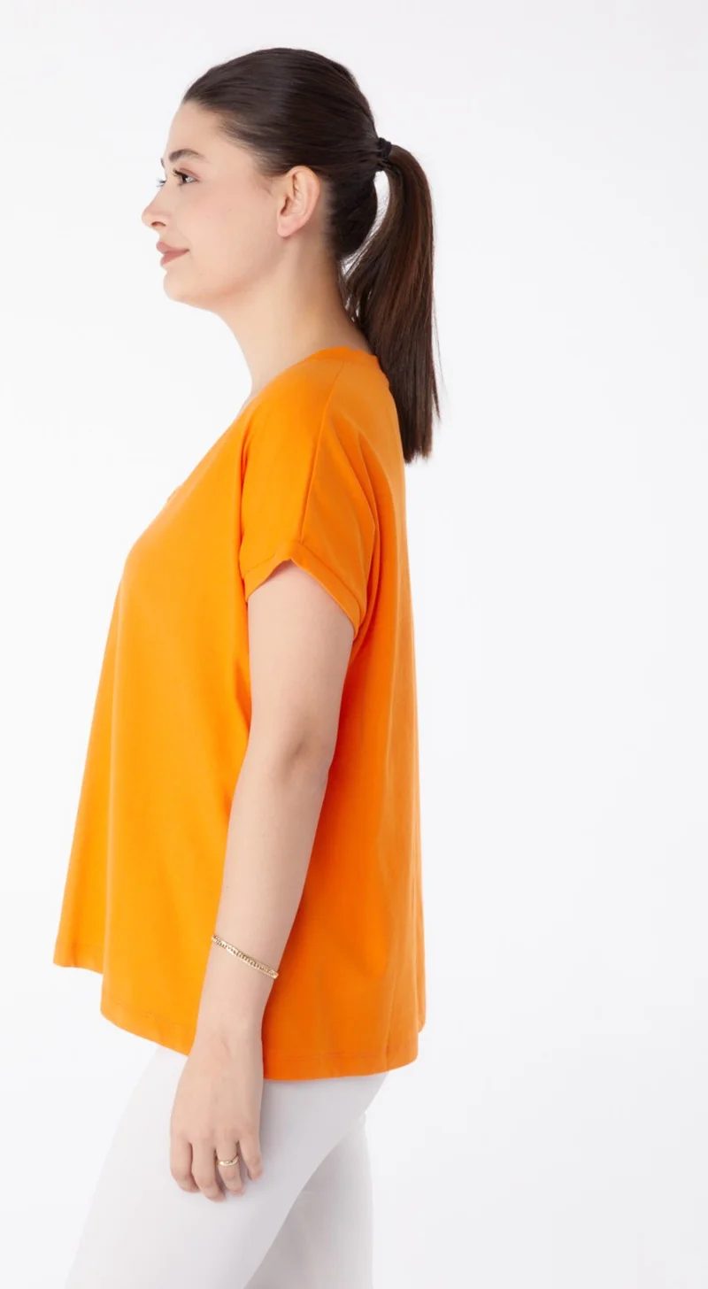 Tofisa Plain Mid Women's Orange V Neck T-Shirt - 25397