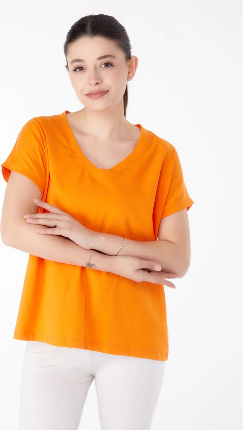 Tofisa Plain Mid Women's Orange V Neck T-Shirt - 25397