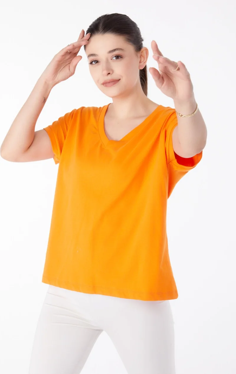 Tofisa Plain Mid Women's Orange V Neck T-Shirt - 25397