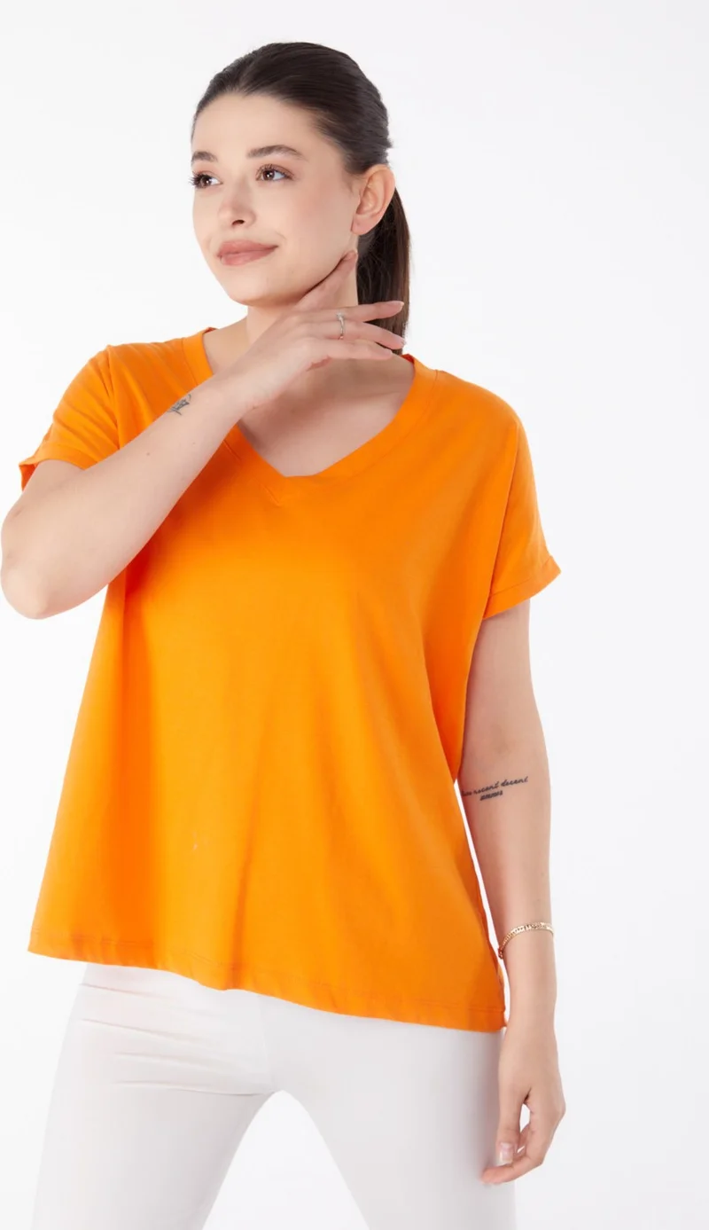 Tofisa Plain Mid Women's Orange V Neck T-Shirt - 25397
