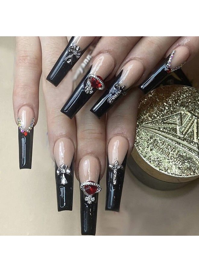 MISUD Press On Nails Long Coffin Fake Nails With Punk Designs Black French Tip Ballerina Acrylic Nails Glossy Glue On Nails 24 Pcs Rhinestone False Nails - Image 2