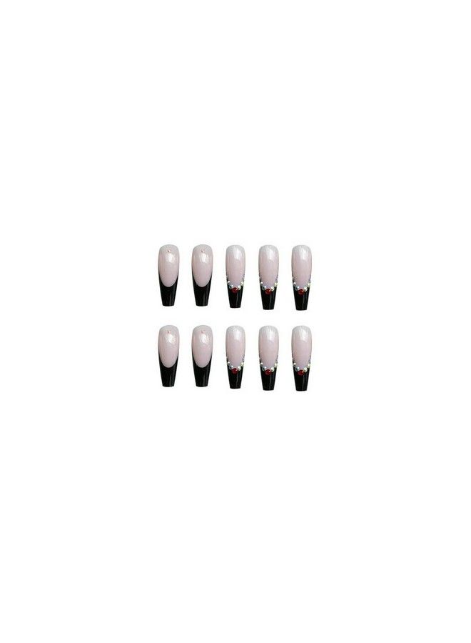 MISUD Press On Nails Long Coffin Fake Nails With Punk Designs Black French Tip Ballerina Acrylic Nails Glossy Glue On Nails 24 Pcs Rhinestone False Nails - Image 4