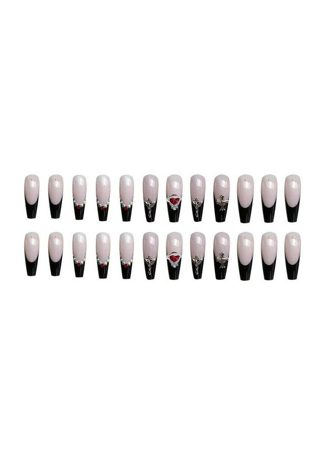 MISUD Press On Nails Long Coffin Fake Nails With Punk Designs Black French Tip Ballerina Acrylic Nails Glossy Glue On Nails 24 Pcs Rhinestone False Nails - Image 5