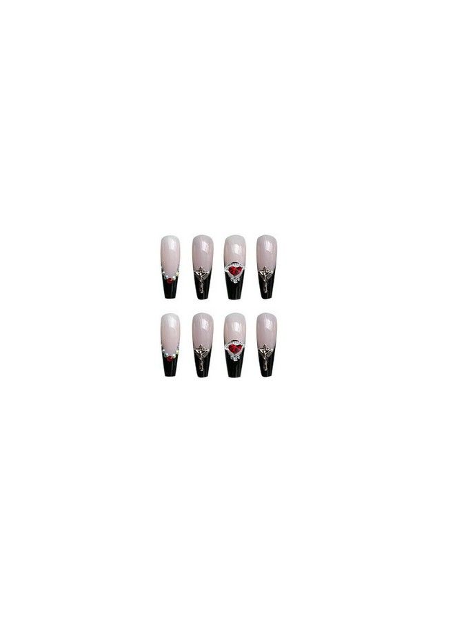 MISUD Press On Nails Long Coffin Fake Nails With Punk Designs Black French Tip Ballerina Acrylic Nails Glossy Glue On Nails 24 Pcs Rhinestone False Nails - Image 3