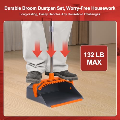 Tiumso Broom and Dustpan Set with 51'' Long Handle, Upright Broom and Dustpan Combo for Home Kitchen Office Restaurant Garage Lobby Dog Cat Pets Hair - Grey and Orange - Image 2