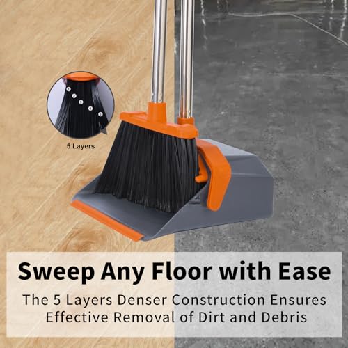 Tiumso Broom and Dustpan Set with 51'' Long Handle, Upright Broom and Dustpan Combo for Home Kitchen Office Restaurant Garage Lobby Dog Cat Pets Hair - Grey and Orange - Image 5