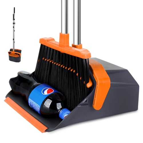 Tiumso Broom and Dustpan Set with 51'' Long Handle, Upright Broom and Dustpan Combo for Home Kitchen Office Restaurant Garage Lobby Dog Cat Pets Hair - Grey and Orange - Image 1