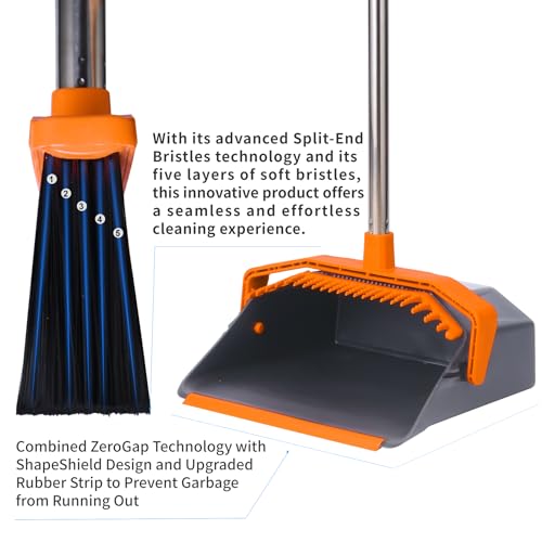Tiumso Broom and Dustpan Set with 51'' Long Handle, Upright Broom and Dustpan Combo for Home Kitchen Office Restaurant Garage Lobby Dog Cat Pets Hair - Grey and Orange - Image 3