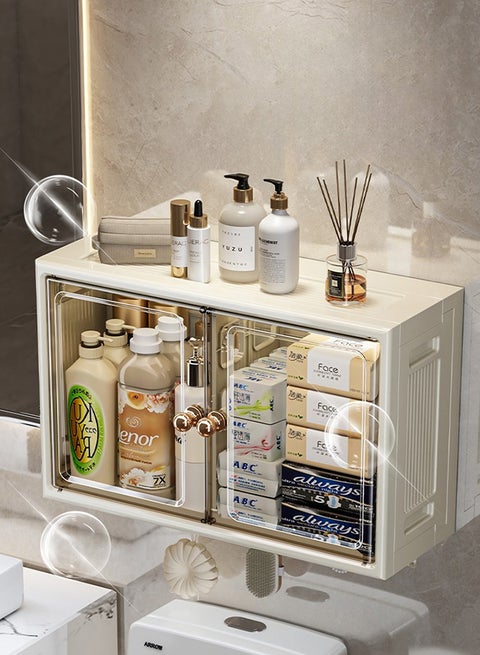 2-Tier Wall Mounted Bathroom Storage Cabinet Home Double Magnetic Door Storage Shelf Over Toilet Foldable Cosmetic Makeup Storage Organizer Wall Storage Cabinet with Hooks