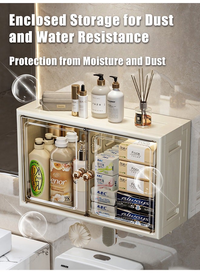 2-Tier Wall Mounted Bathroom Storage Cabinet Home Double Magnetic Door Storage Shelf Over Toilet Foldable Cosmetic Makeup Storage Organizer Wall Storage Cabinet with Hooks