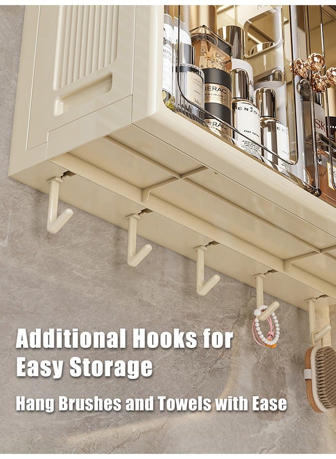 2-Tier Wall Mounted Bathroom Storage Cabinet Home Double Magnetic Door Storage Shelf Over Toilet Foldable Cosmetic Makeup Storage Organizer Wall Storage Cabinet with Hooks