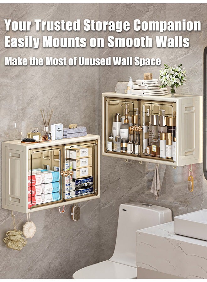 2-Tier Wall Mounted Bathroom Storage Cabinet Home Double Magnetic Door Storage Shelf Over Toilet Foldable Cosmetic Makeup Storage Organizer Wall Storage Cabinet with Hooks