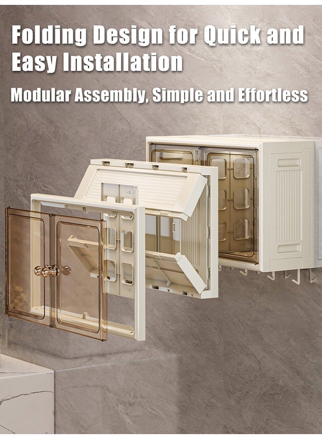 2-Tier Wall Mounted Bathroom Storage Cabinet Home Double Magnetic Door Storage Shelf Over Toilet Foldable Cosmetic Makeup Storage Organizer Wall Storage Cabinet with Hooks