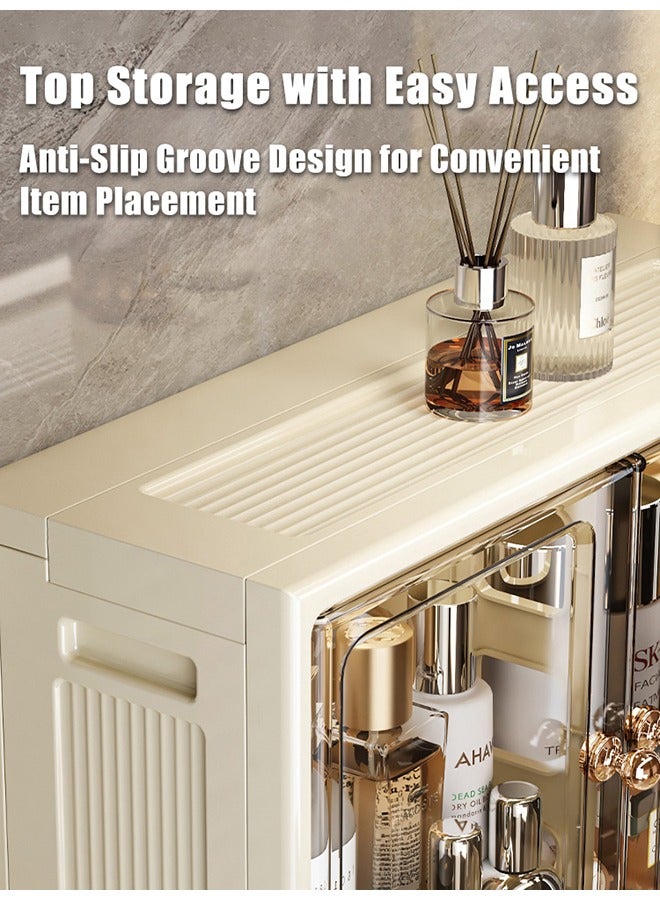 2-Tier Wall Mounted Bathroom Storage Cabinet Home Double Magnetic Door Storage Shelf Over Toilet Foldable Cosmetic Makeup Storage Organizer Wall Storage Cabinet with Hooks