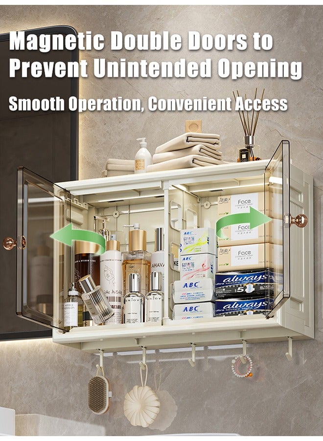 2-Tier Wall Mounted Bathroom Storage Cabinet Home Double Magnetic Door Storage Shelf Over Toilet Foldable Cosmetic Makeup Storage Organizer Wall Storage Cabinet with Hooks