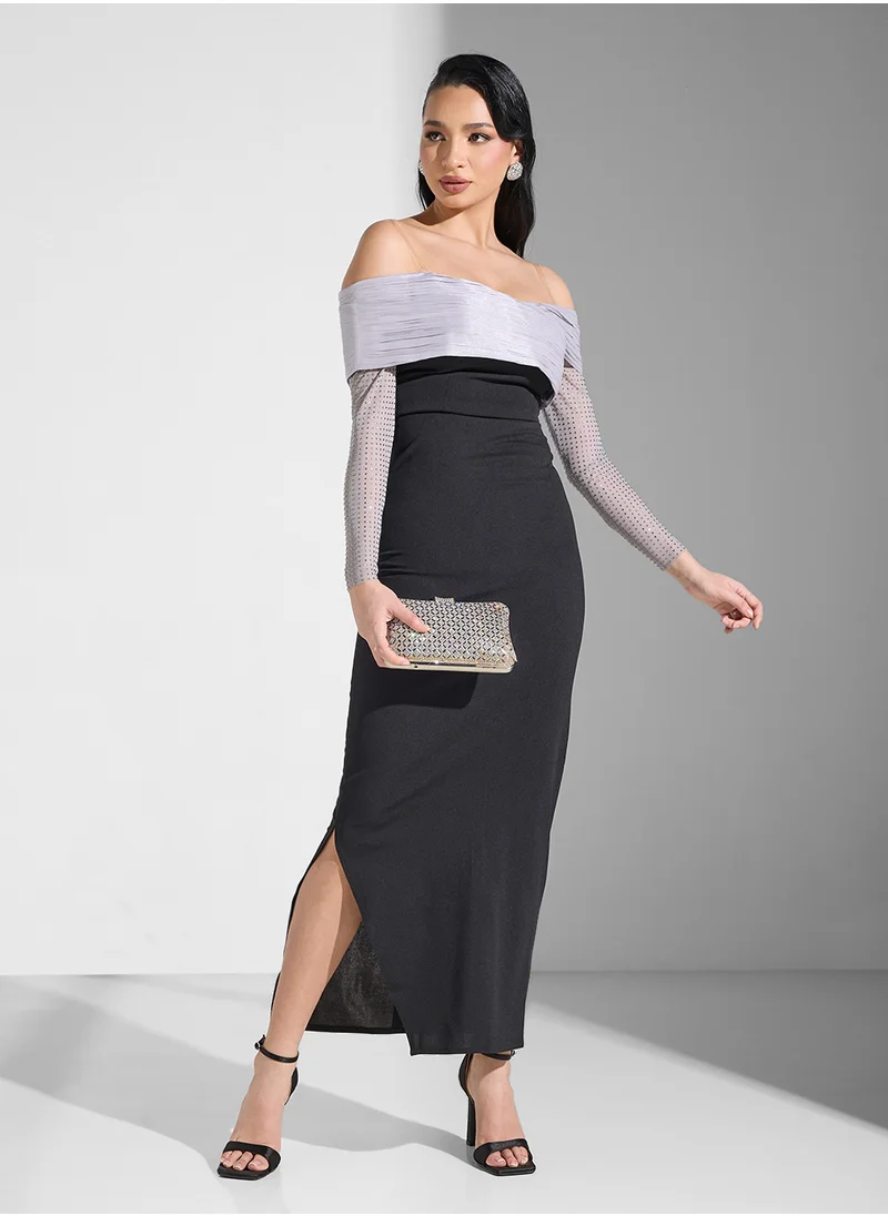 Namshi x Off Shoulder Dess With Shimmer Sleeve