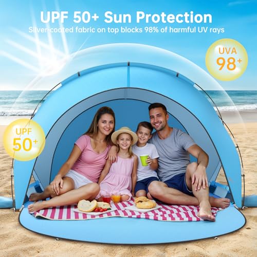 Raynesys Beach Tent Sun Shelter, Sun Shelter for 1-4 Person, Beach Shade Tent, Beaches Shade with 2 Zippered Doors, Portable Tents for Camping Fishing, Blue - Image 5