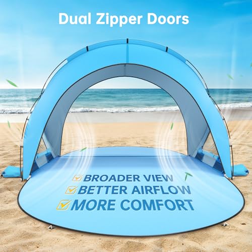 Raynesys Beach Tent Sun Shelter, Sun Shelter for 1-4 Person, Beach Shade Tent, Beaches Shade with 2 Zippered Doors, Portable Tents for Camping Fishing, Blue - Image 3