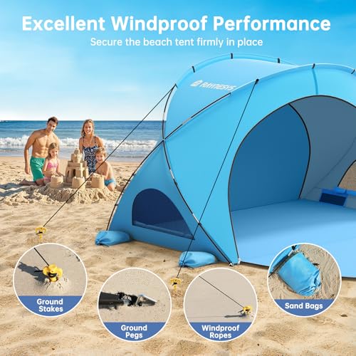 Raynesys Beach Tent Sun Shelter, Sun Shelter for 1-4 Person, Beach Shade Tent, Beaches Shade with 2 Zippered Doors, Portable Tents for Camping Fishing, Blue - Image 4