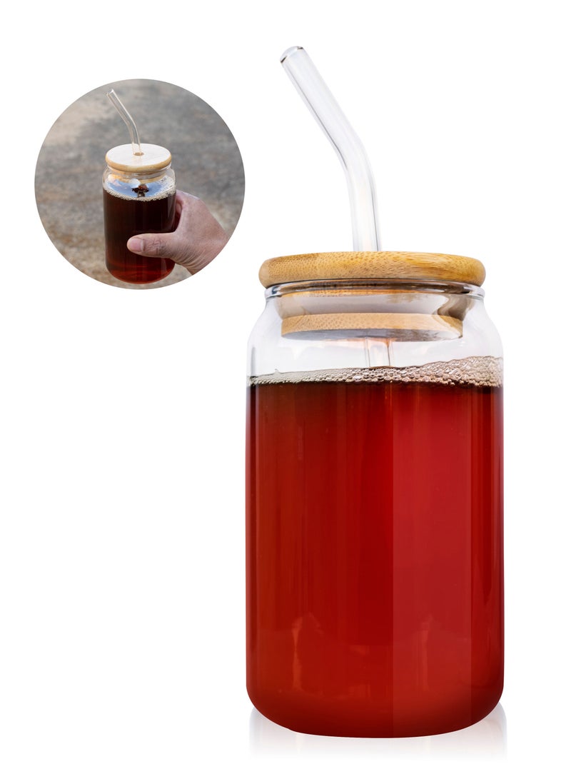 MIBRU Juice Glass Jar Wood Lid With Straw 400ml Glass Straw Cups with Wood Iced Coffee Glasses Portable Beverage Cups Tumbler Cup for Smoothie Portable Beverage Cups Tumbler Cup for Smoothie  - Image 1