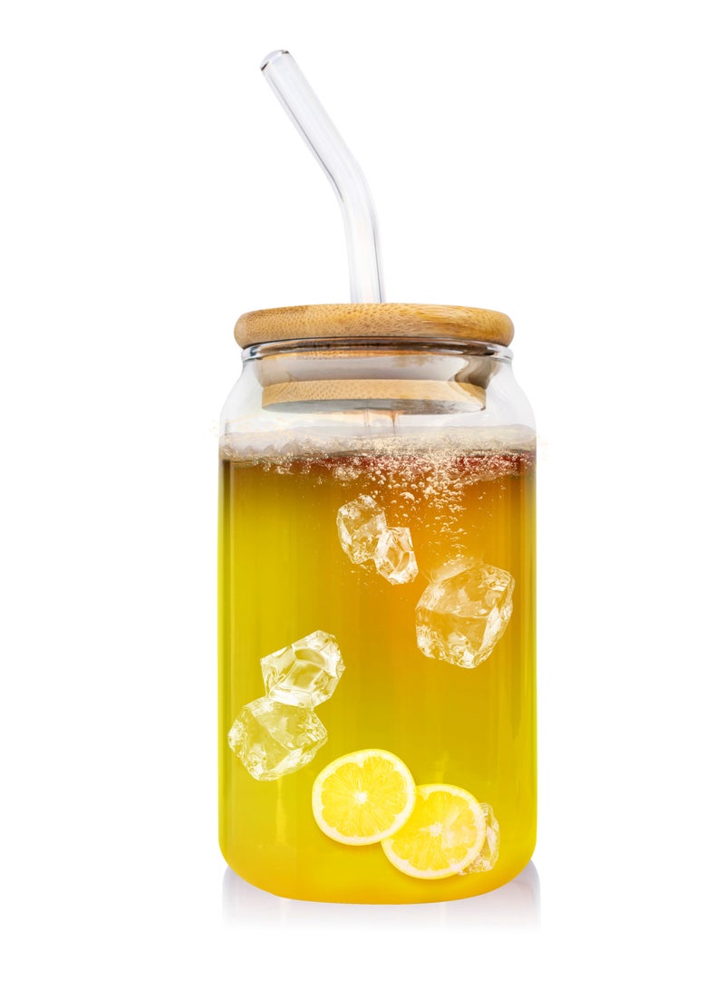 MIBRU Juice Glass Jar Wood Lid With Straw 400ml Glass Straw Cups with Wood Iced Coffee Glasses Portable Beverage Cups Tumbler Cup for Smoothie Portable Beverage Cups Tumbler Cup for Smoothie  - Image 2