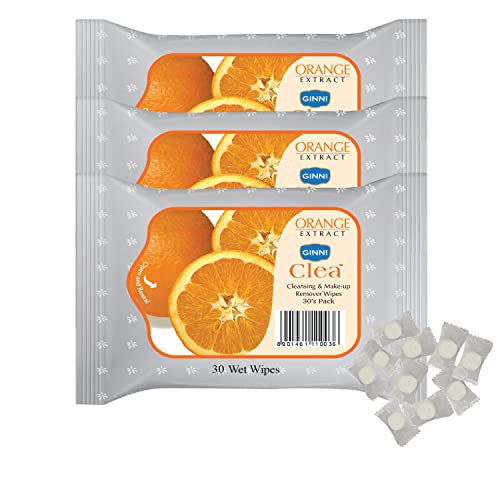 Ginni Clea Cleansing & Makeup Remover Wet Wipes - Orange (30 Wipes/Pack, Pack of 3) | Magic Coin Tablet Tissues (50 Pcs) - Image 1
