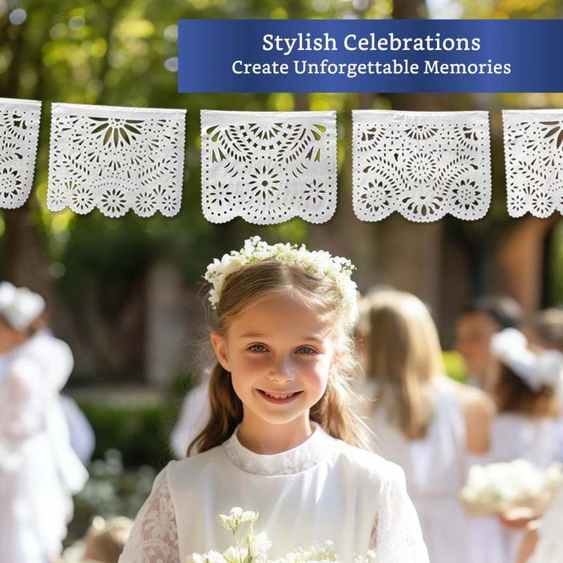 FIESTA WRAPS White Papel Picado Banner (5 Pack - 10 Plastic Flags per Banner) - White Mexican Banners for Parties and Weddings - Mexican Themed Party Decorations - Papel Picado Mexicano para Decoraciones - Image 5