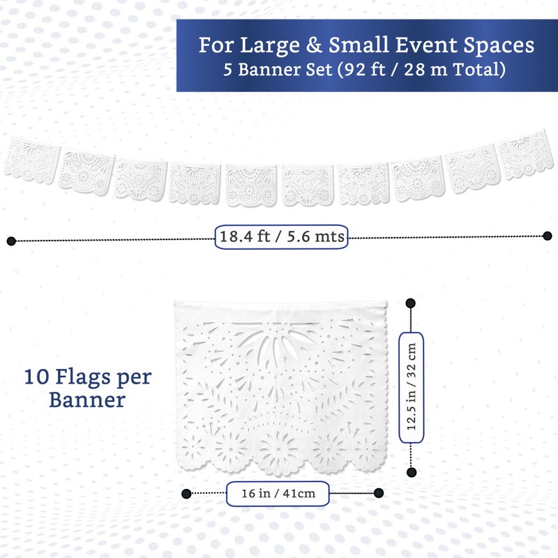 FIESTA WRAPS White Papel Picado Banner (5 Pack - 10 Plastic Flags per Banner) - White Mexican Banners for Parties and Weddings - Mexican Themed Party Decorations - Papel Picado Mexicano para Decoraciones - Image 2