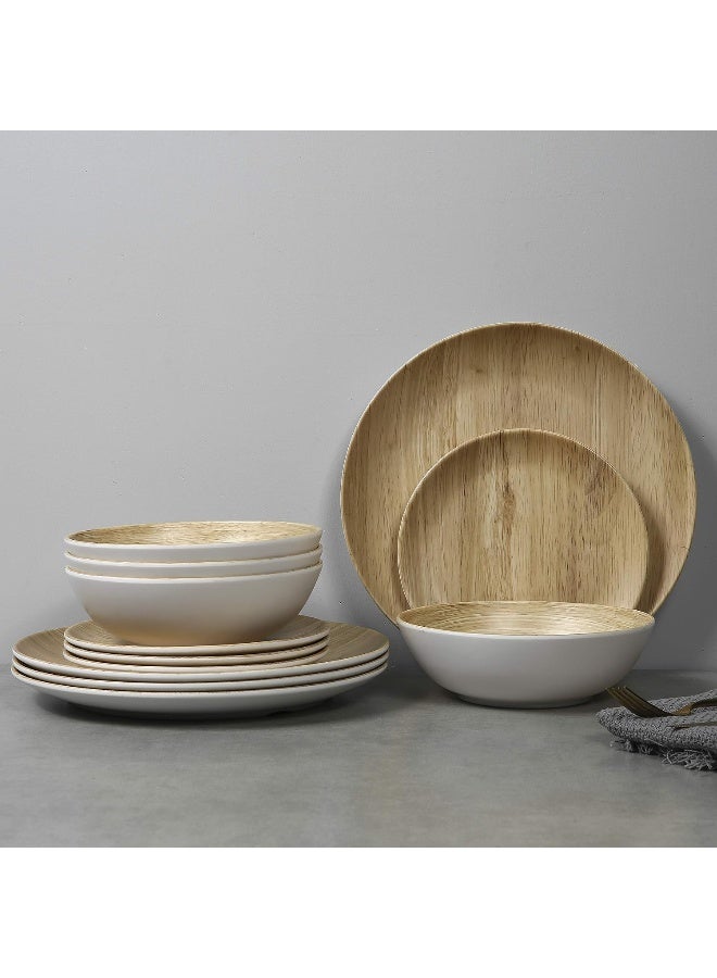 Webbylee Melamine Dinnerware Set 12pcs dinnerware set Indoor and Outdoor use Bamboo Pattern Dishes Dinnerware Set for 4Dishwasher Safe Wood Grain - Image 1