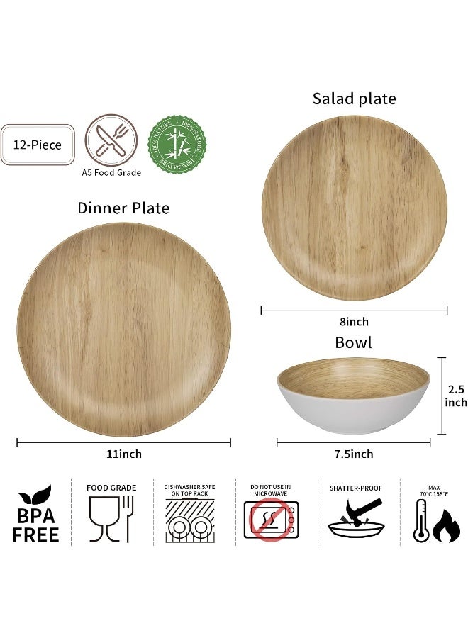 Webbylee Melamine Dinnerware Set 12pcs dinnerware set Indoor and Outdoor use Bamboo Pattern Dishes Dinnerware Set for 4Dishwasher Safe Wood Grain - Image 2