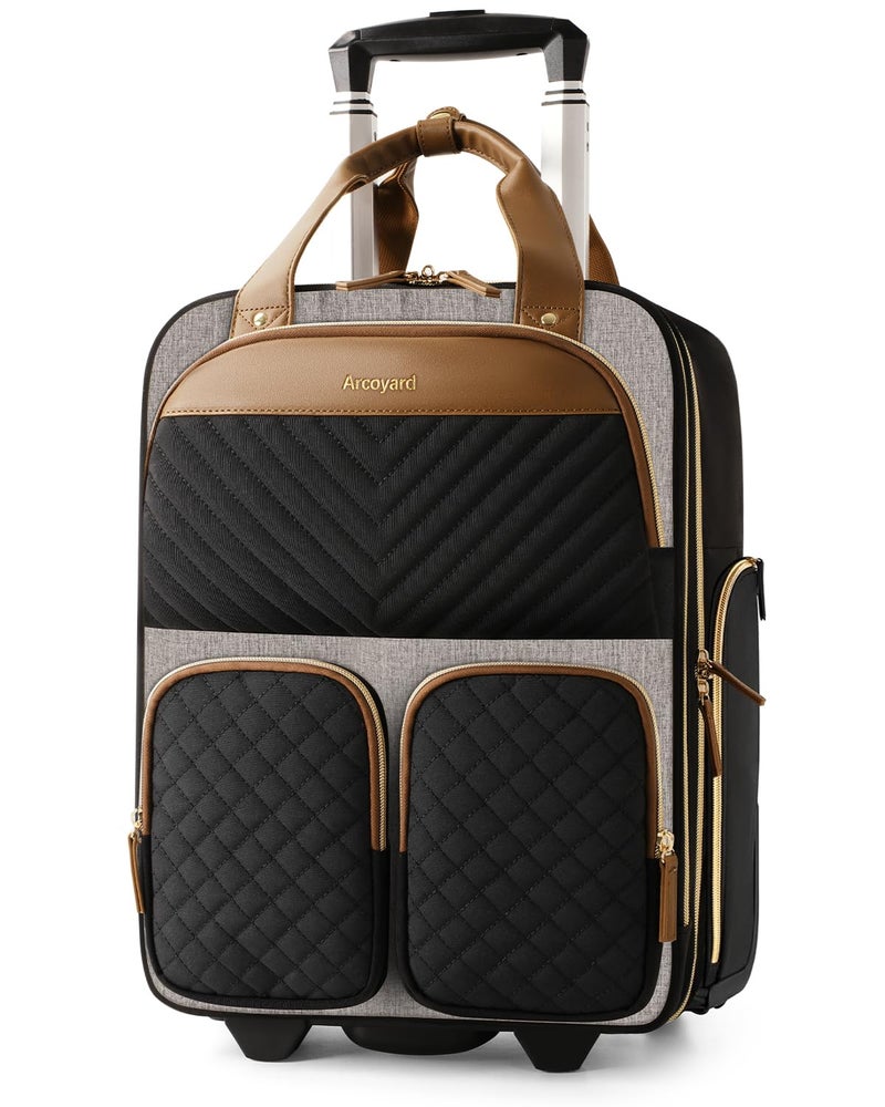 Arcoyard Underseat Carry On Luggage with Wheels, Multiple Compartments Airline Approved Personal Item Bag, Travel Carry-On with Leather Handle, Lightweight Rolling Suitcase for Women, Grey Brown - Image 1