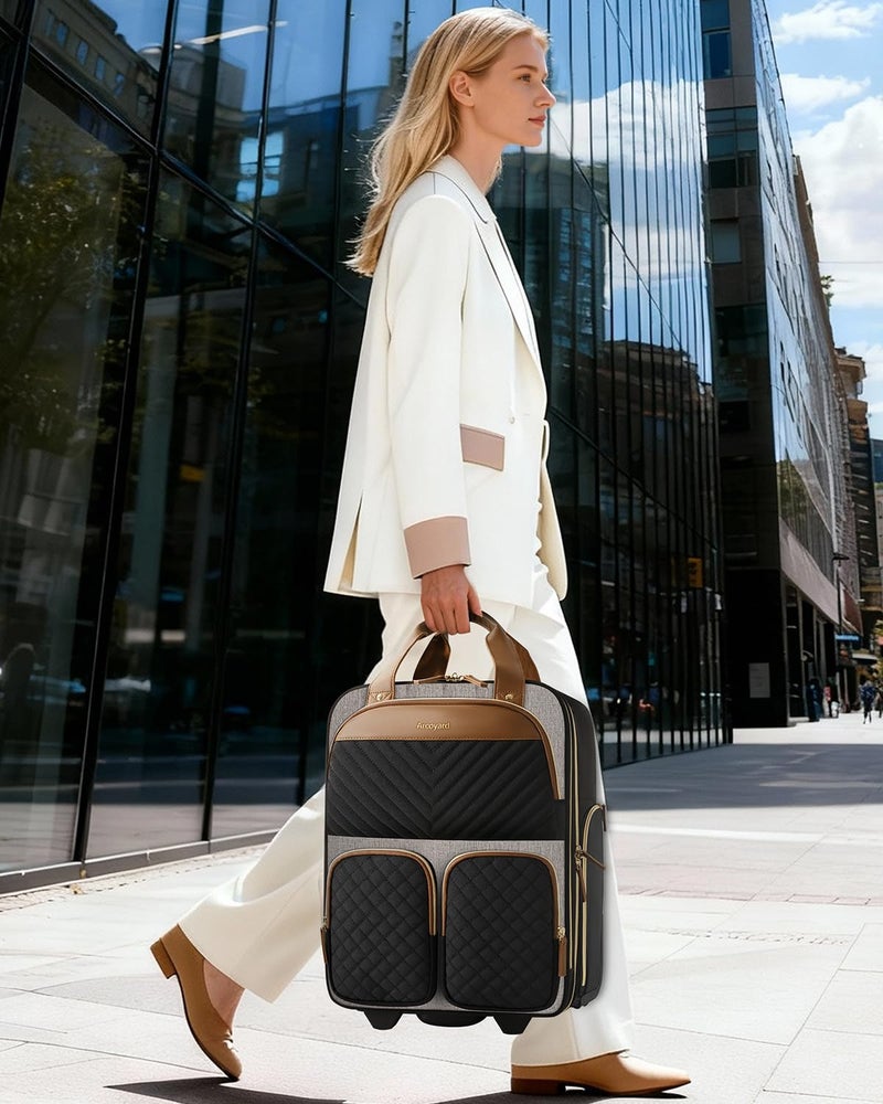 Arcoyard Underseat Carry On Luggage with Wheels, Multiple Compartments Airline Approved Personal Item Bag, Travel Carry-On with Leather Handle, Lightweight Rolling Suitcase for Women, Grey Brown - Image 2