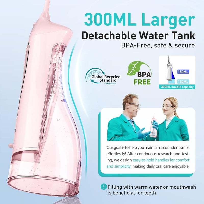 كوسلوس C20 Water Flosser: خيط تنظيف بالماء للعناية بالأسنان واللثة، لاسلكي، خزان مياه كبير، تنظيف عميق، قابل لإعادة الشحن، مقاوم للماء، خالي من مادة BPA، متعدد الفوهات، مناسب للاستخدام المنزلي وأثناء السفر، اللون وردي. - Image 3