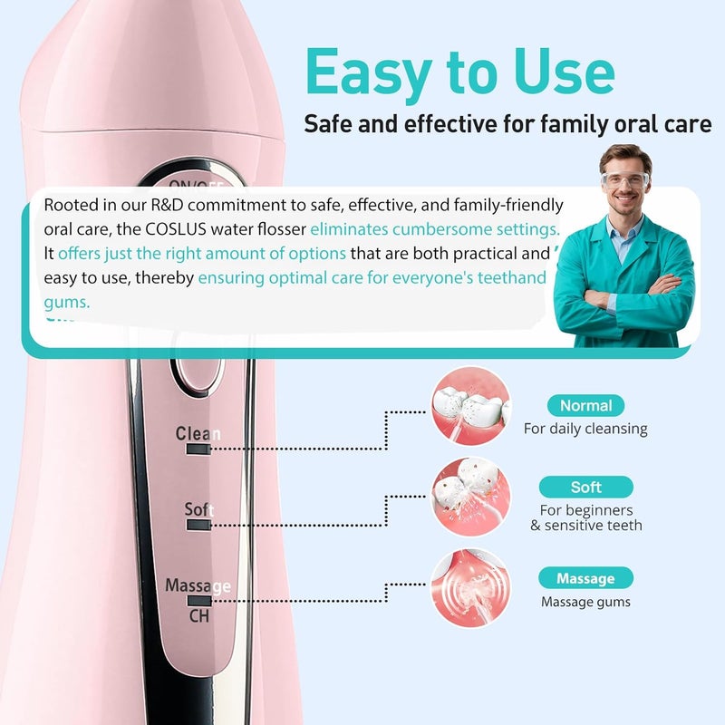 كوسلوس C20 Water Flosser: خيط تنظيف بالماء للعناية بالأسنان واللثة، لاسلكي، خزان مياه كبير، تنظيف عميق، قابل لإعادة الشحن، مقاوم للماء، خالي من مادة BPA، متعدد الفوهات، مناسب للاستخدام المنزلي وأثناء السفر، اللون وردي. - Image 5