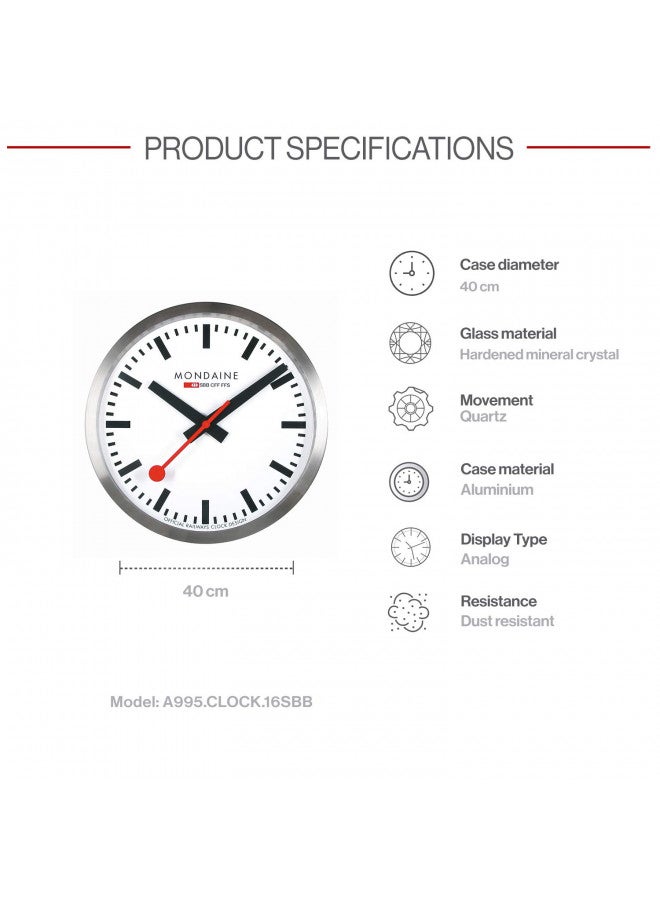 MONDAINE Mondaine - Wall Clock - A995.Clock.16SBB - Large White Dial - Wall Clocks - Made in Switzerland  - Image 2
