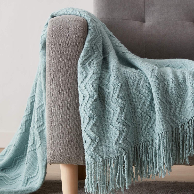 BOURINA Throw Blanket Textured Solid Soft Sofa Throw Couch Cover Knitted Decorative Blanket  50 x90 Inches Aqua - Image 4